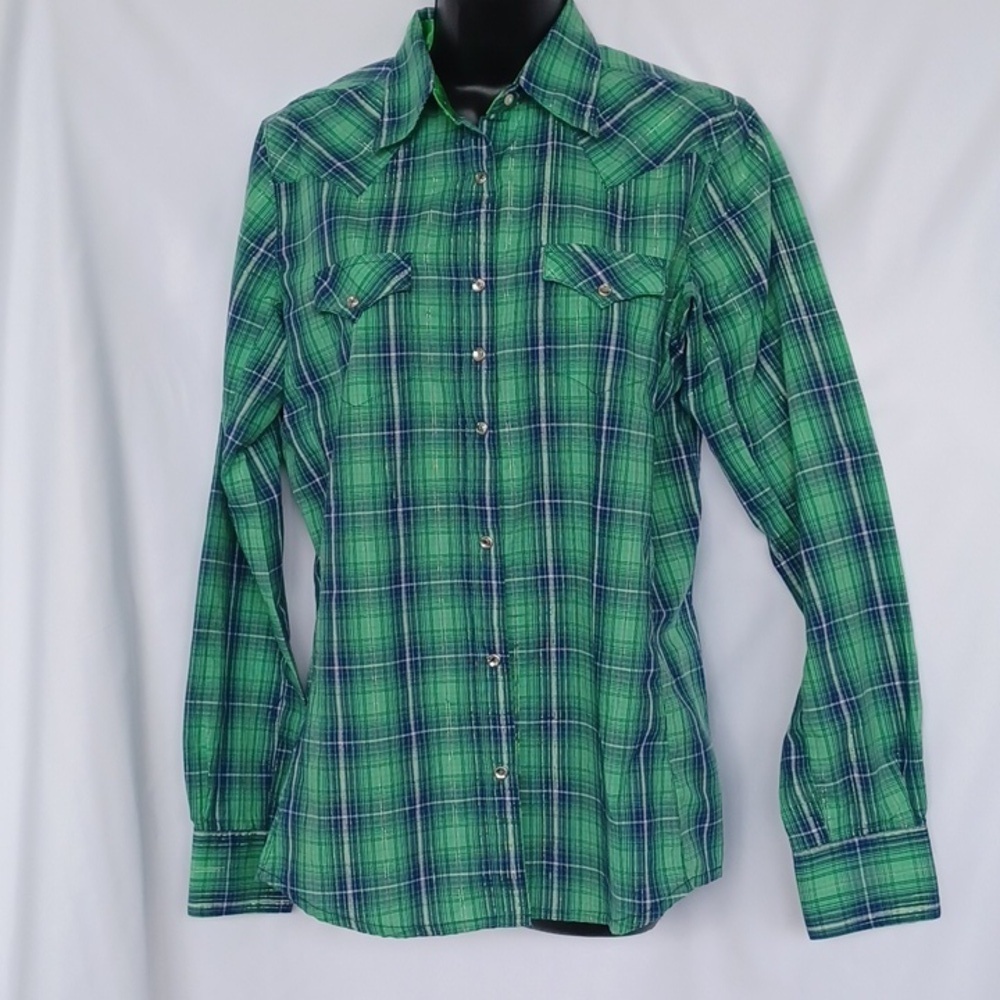 Wrangler Western Style Plaid Snap Shirt Size Small, Silver Threads, 17"PTP, 28"L